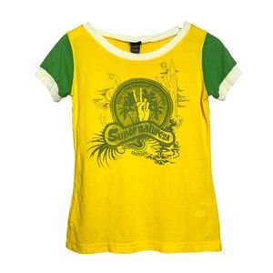 Vintage 90's Diesel Super Natureza Ringer T-Shirt Yellow Green Graphic Tee Y2K M
